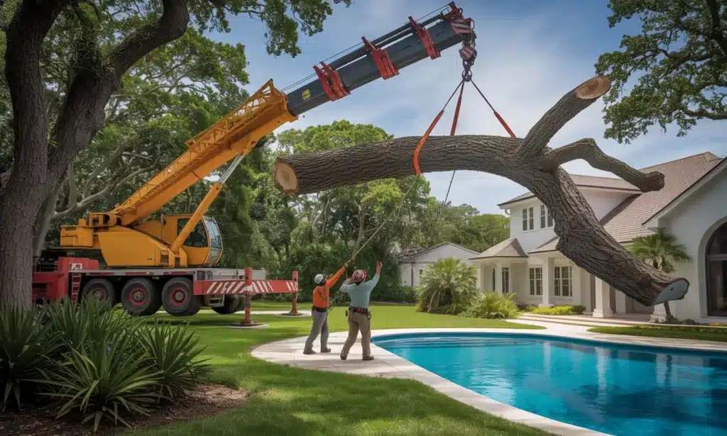 Tree Amigos Orlando using a crane to safely lift a large tree limb over a Belle Isle home.