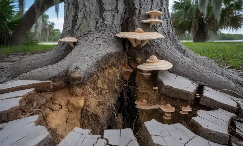 Close up of fungal growth and root decay on a Belle Isle oak tree indicating a fall hazard.