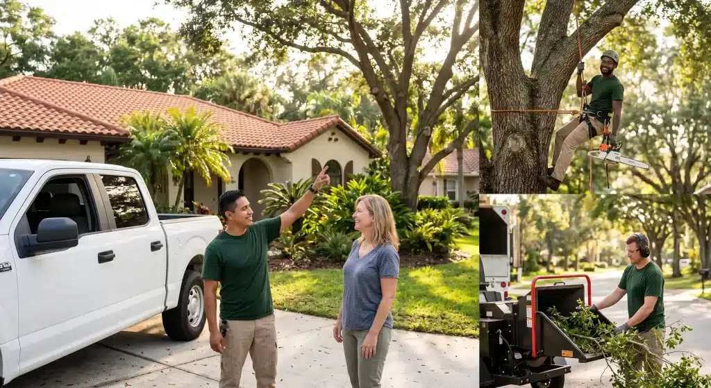 A collage of Tree Amigos Orlando professionals providing tree services in Sanford, Florida: an arborist consulting with a homeowner in front of a house, a tree climber safely rigged in a mature oak tree holding a chainsaw, and a ground worker feeding branches into a wood chipper.