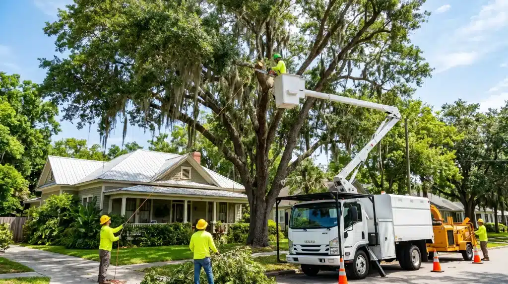 A professional tree service crew using a white bucket truck and wood chipper to safely prune a large live oak tree in a historic Sanford, Florida residential neighborhood. An arborist is in the bucket cutting a branch while ground workers in safety gear manage the ropes and debris.