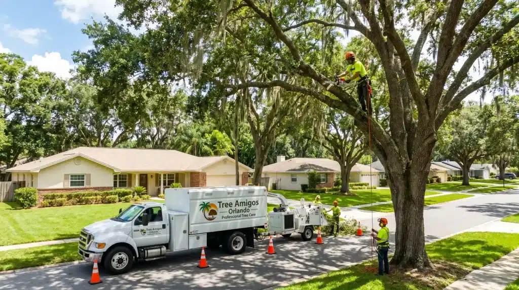 A Tree Amigos Orlando service truck parked near a large oak tree in a Longwood neighborhood while a crew member prunes branches.