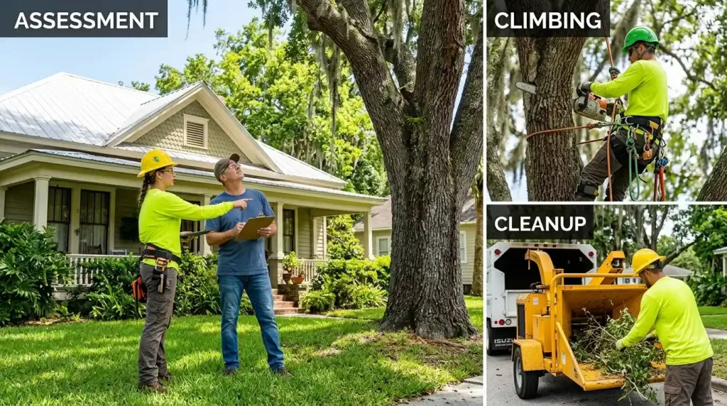 A collage of Tree Amigos Orlando professionals providing tree services in Sanford, Florida: an arborist consulting with a homeowner in front of a house, a tree climber safely rigged in a mature oak tree holding a chainsaw, and a ground worker feeding branches into a wood chipper.