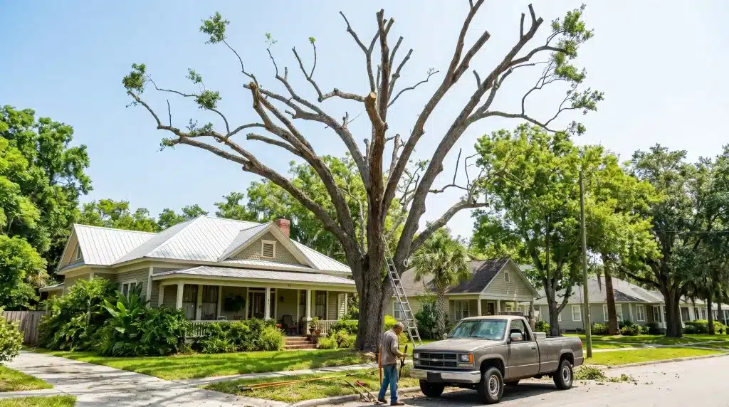 A large residential oak tree in Sanford, Florida, exhibiting dangerous 'lion's tailing.' All interior branches have been stripped by an uncertified worker, leaving heavy foliage only at the very tips of the long limbs.
