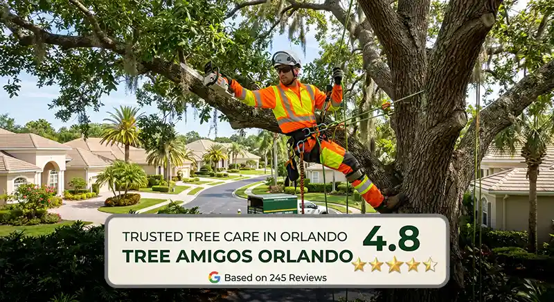 Tree Amigos Orlando arborist working safely in an oak tree with a 4.8-star Google review badge, representing our highly-rated Orlando tree service estimate process.